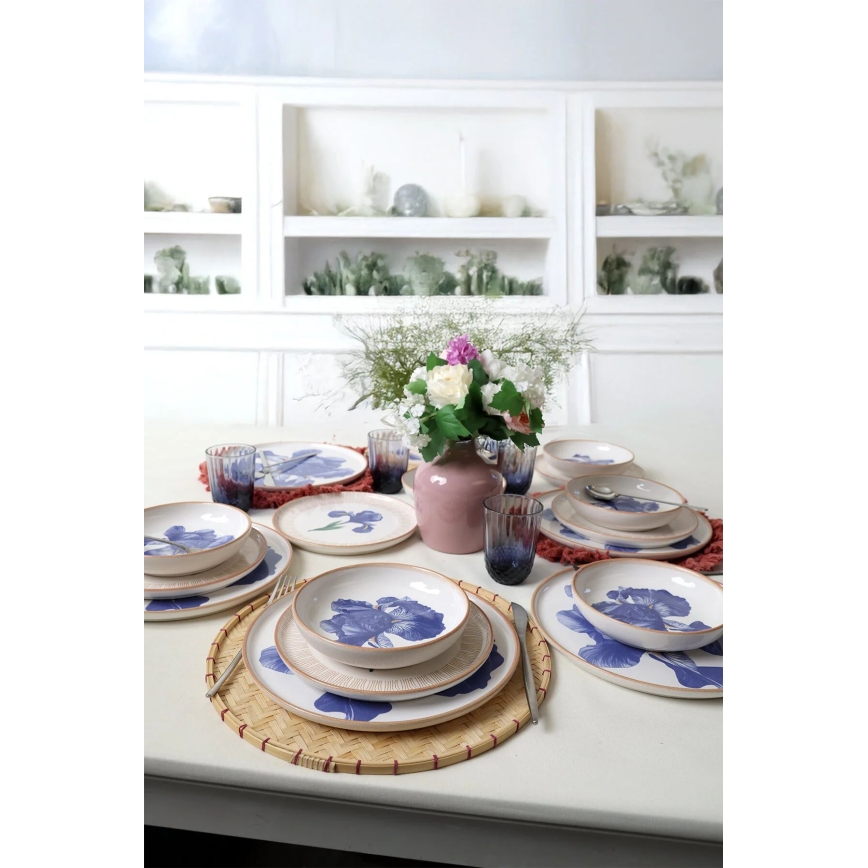 18-delars middagsservis, vit/blå/beige, keramik