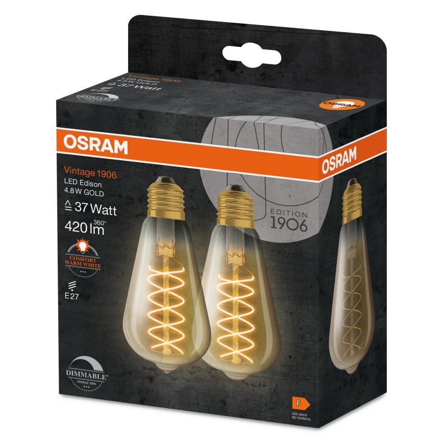 2-pack dimbara LED-filamentlampor, vintage, E27/7,8W/230V 1800K - Osram