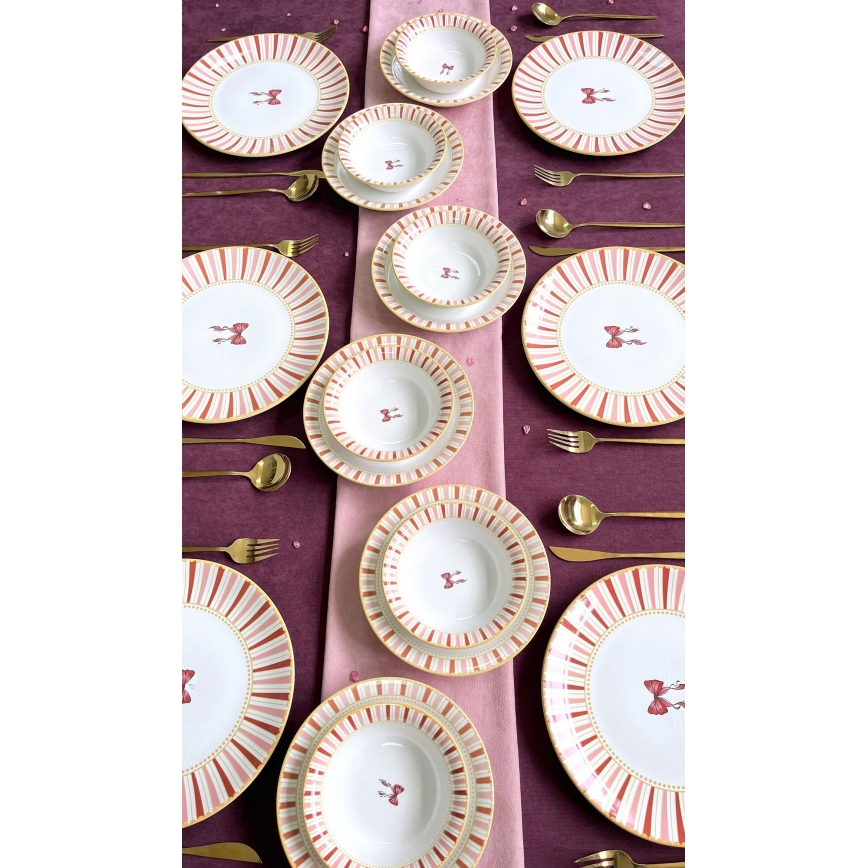 24-delars keramisk servis – vit/rosa/guld