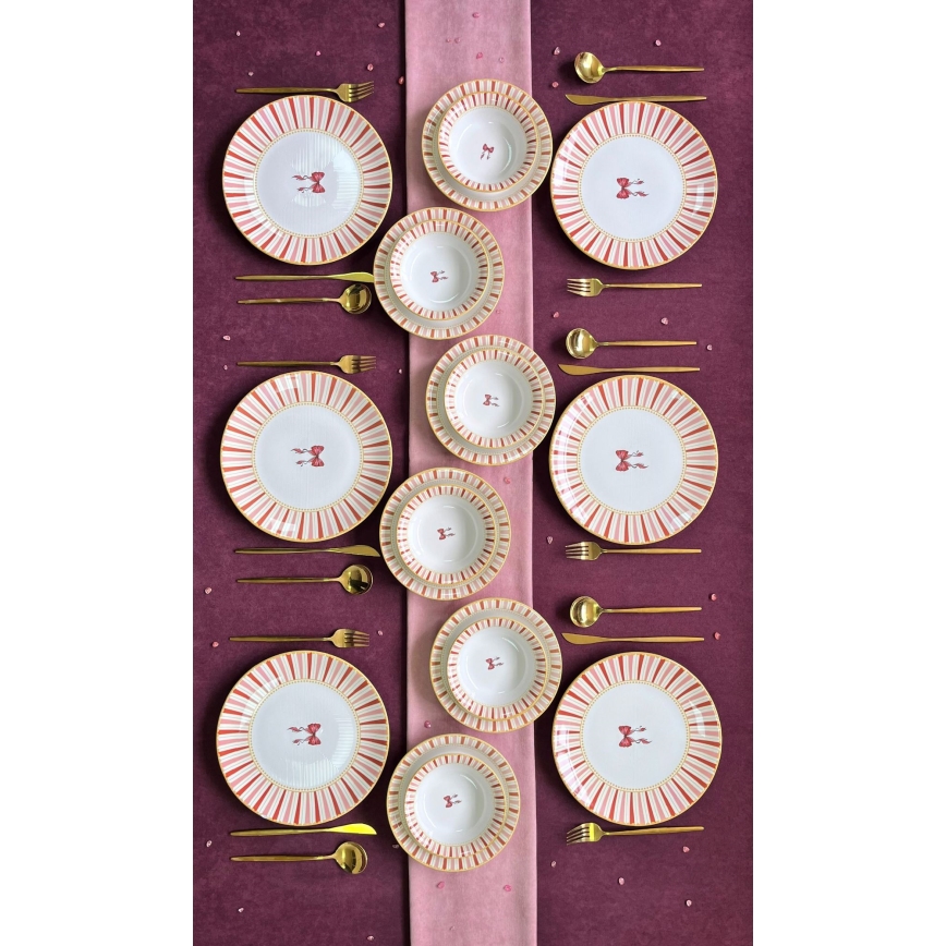 24-delars keramisk servis – vit/rosa/guld