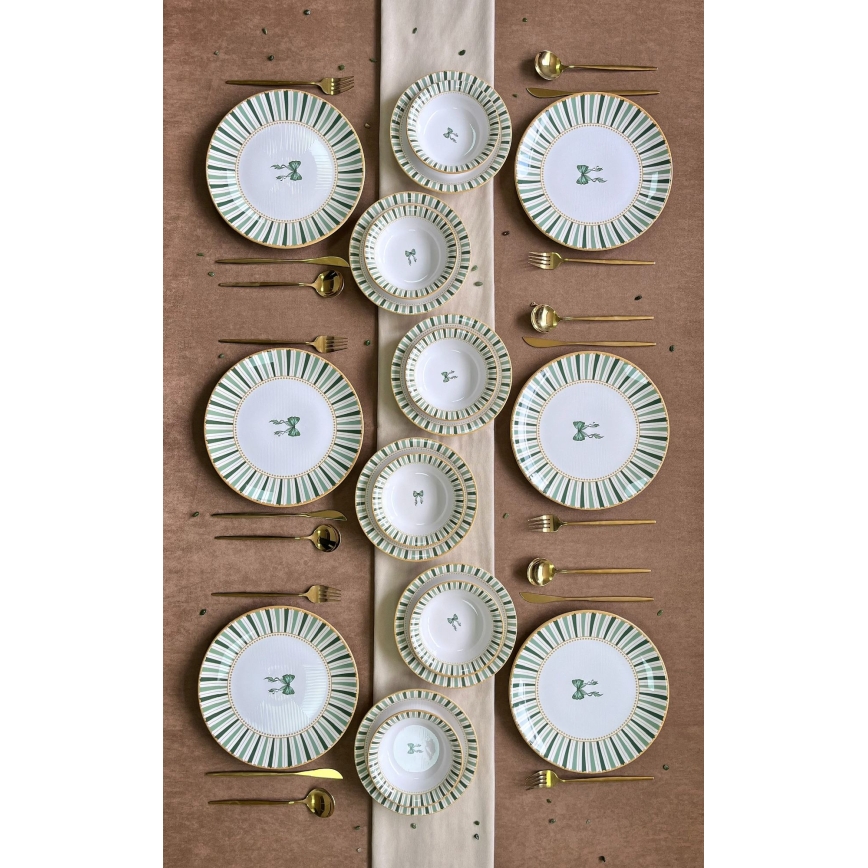 24-delars middagsservis, vit/grön/guld, i keramik