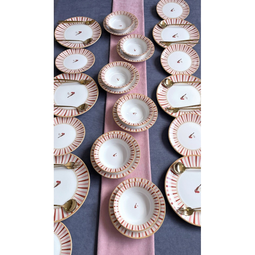 24-delars servisset i keramik – vit/röd/guld