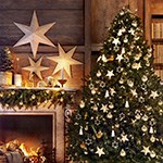 Julbelysning, gran, och dekorationer