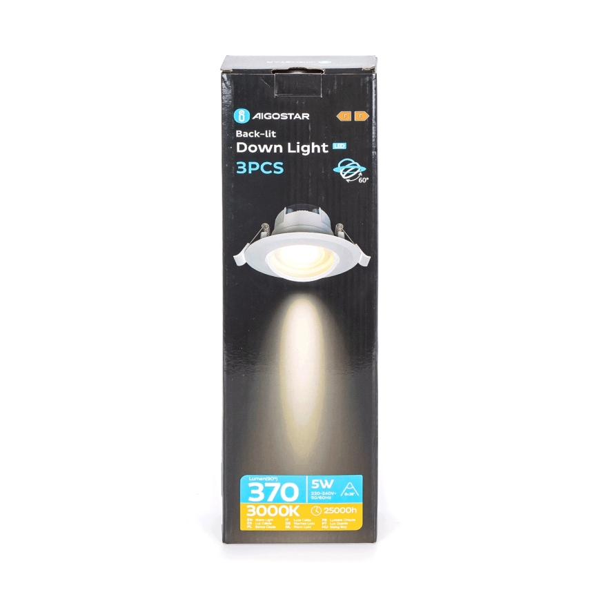 Aigostar - 3-pack LED infällda downlights, 5 W, 230 V, 3000 K, Ø 8,5 cm, vit