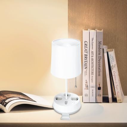 Aigostar - Bordslampa med eluttag och USB-portar 1xE27/60W/230V vit