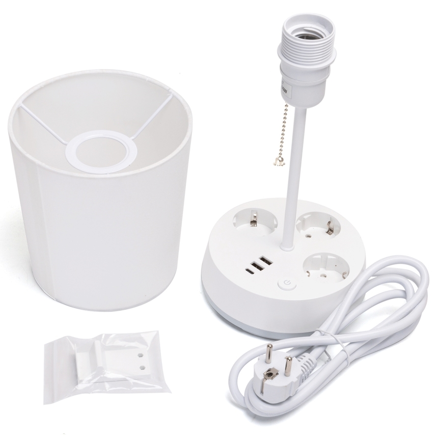 Aigostar - Bordslampa med eluttag och USB-portar 1xE27/60W/230V vit