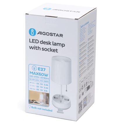 Aigostar - Bordslampa med eluttag och USB-portar 1xE27/60W/230V vit