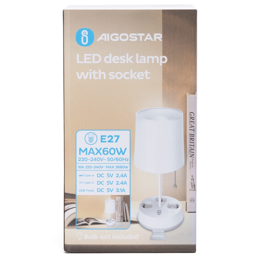 Aigostar - Bordslampa med eluttag och USB-portar 1xE27/60W/230V vit