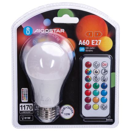 Aigostar - LED RGBW dimmbar lampa E27/12W/230V 3000K + fjärrkontroll