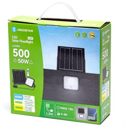 Aigostar - LED dimbar solcellsstrålkastare LED/50W/3,4V 3000/4000/6500K IP66 4000 mAh + fjärrkontroll