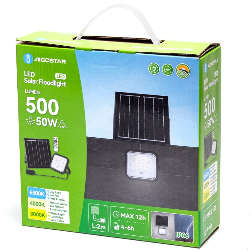 Aigostar - LED dimbar solcellsstrålkastare LED/50W/3,4V 3000/4000/6500K IP66 4000 mAh + fjärrkontroll