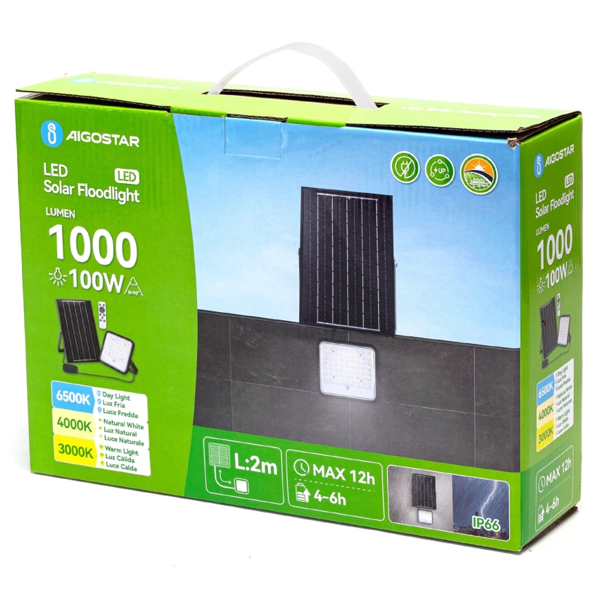 Aigostar - Dimbart LED-solcellsstrålkastare LED/100W/3,4V 3000/4000/6500K IP66 8000 mAh + fjärrkontroll
