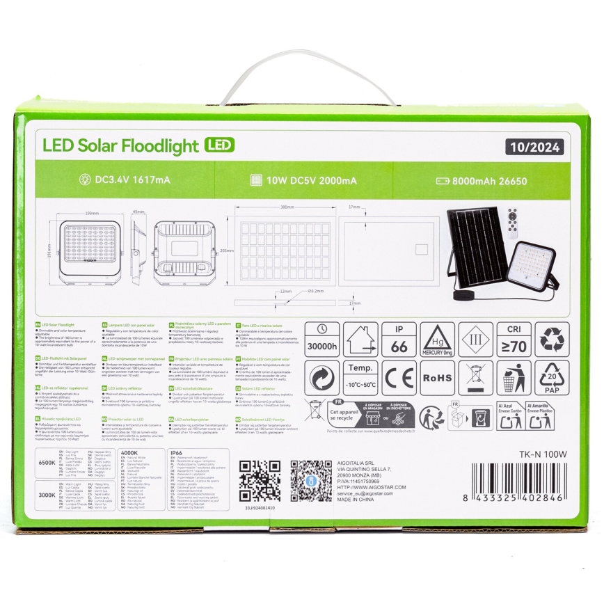 Aigostar - Dimbart LED-solcellsstrålkastare LED/100W/3,4V 3000/4000/6500K IP66 8000 mAh + fjärrkontroll