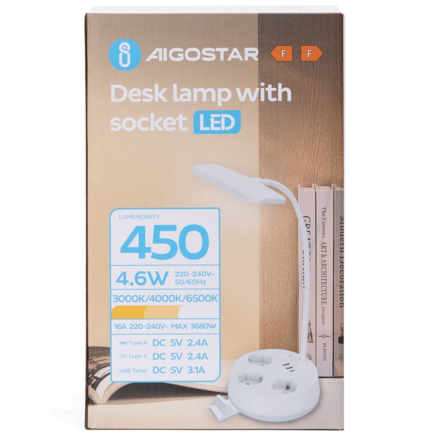 Aigostar - LED-dimmerbar skrivbordslampa med eluttag och USB-port LED/4,6W/230V 3000/4000/6500K vit