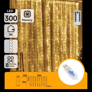 Aigostar - Dimmbar LED-julbelysning 300 LED/8 funktioner USB 6x3m varmvit + fjärrkontroll