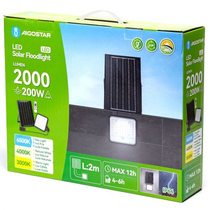 Aigostar - Dimmbar LED-solcellsstrålkastare 200W 3,4V 3000/4000/6500K IP66 16000 mAh + fjärrkontroll