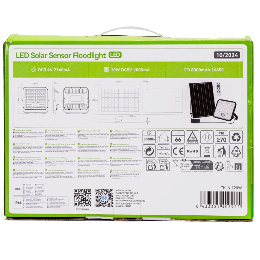 Aigostar - LED dimbar solreflektor med sensor LED/120W/3,4V 6500K IP66 8000 mAh + fjärrkontroll