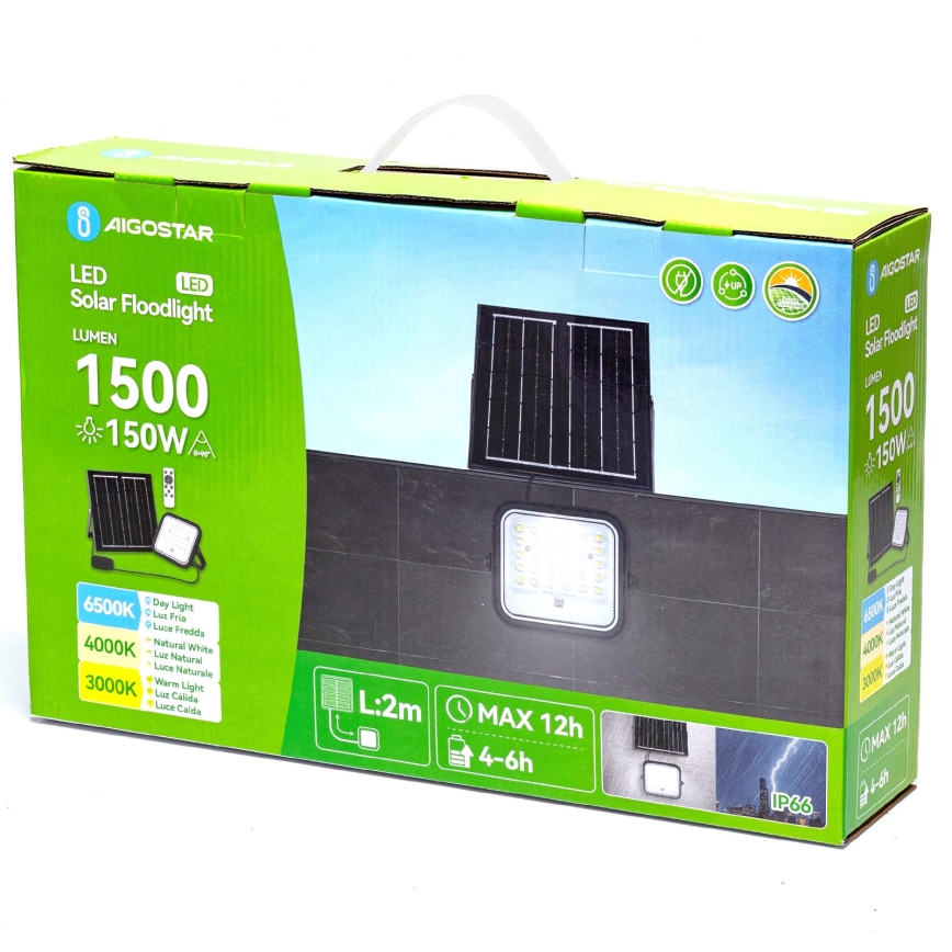 Aigostar - Dimmbar LED-solcellsstrålkastare LED/150W/3,4V 3000/4000/6500K IP66 12000 mAh + fjärrkontroll