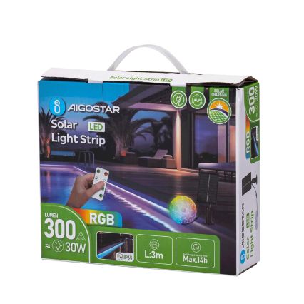 Aigostar - Solcellsdriven dimbar RGB LED-remsa, LED/1,6W/3,2V, 3+2m, IP65, 1800 mAh + fjärrkontroll