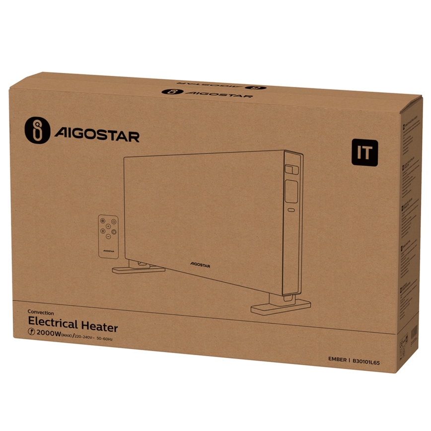 Aigostar - Elektrisk direktvärmare/konvektor med LCD-display ECO/1250/2000W/230V + fjärrkontroll