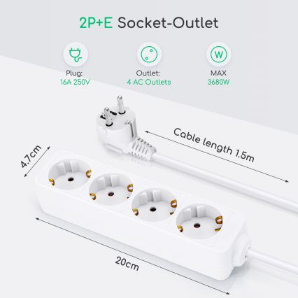 Aigostar - Förlängningskabel 4Z Typ F 1,5m vit SCHUKO