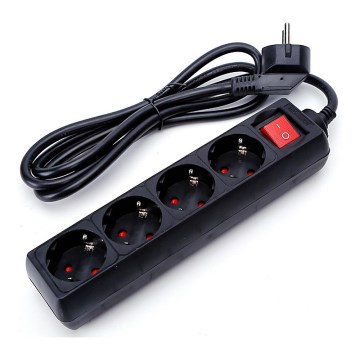 Aigostar - Förlängningskabel med strömbrytare 4 uttag 1,5 m SCHUKO svart