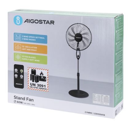 Aigostar - Golvfläkt 55W/230V 130 cm svart + fjärrkontroll