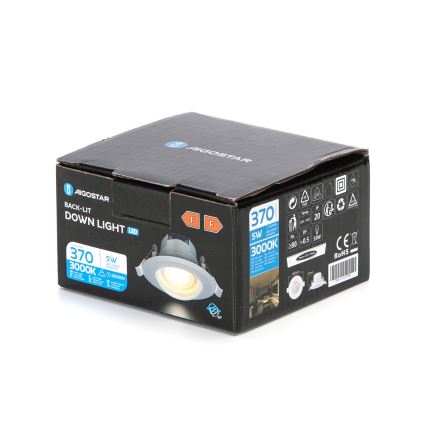 Aigostar - Infälld LED-armatur 5W, 230V, 3000K, Ø 8,5 cm, vit