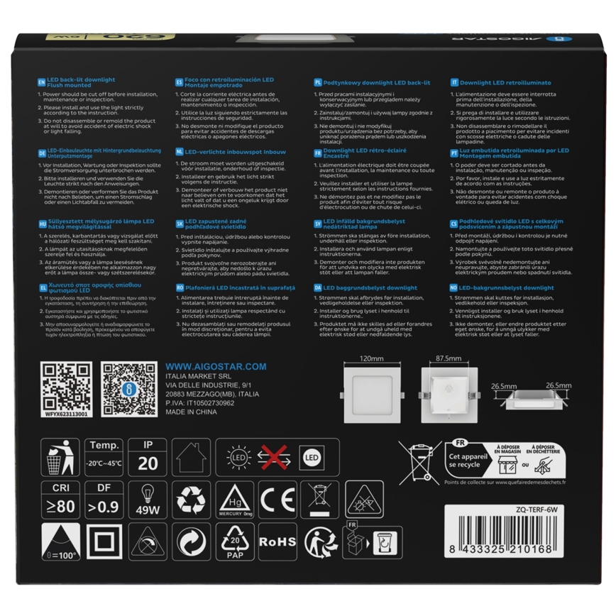 Aigostar - Infälld LED-armatur 6W/230V 4000K 12x12 cm vit