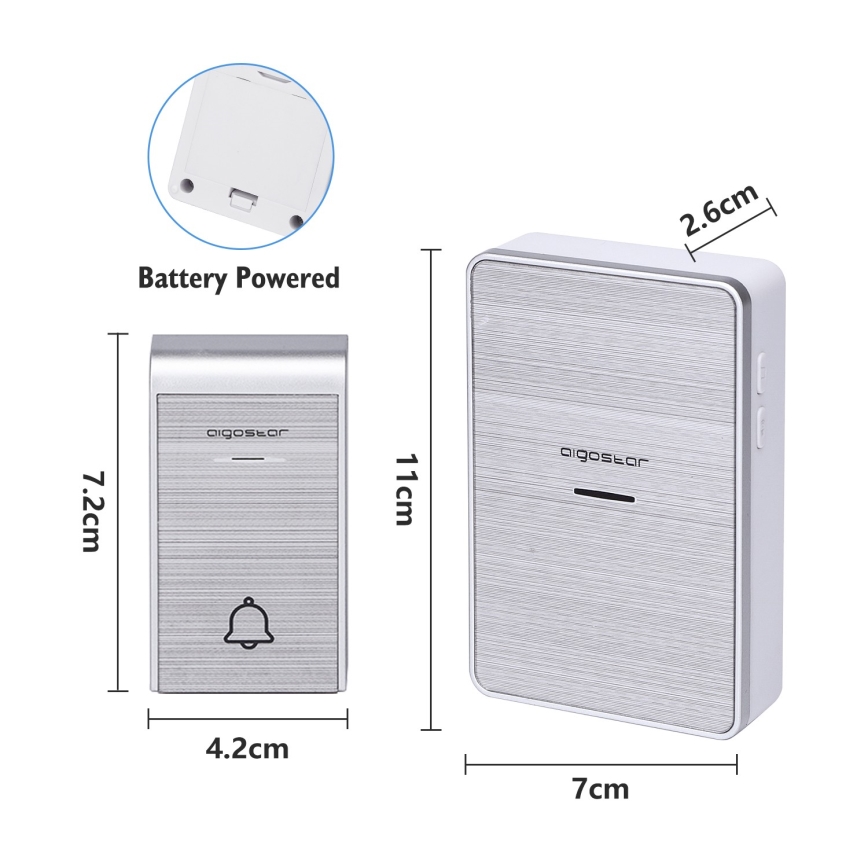 Aigostar - KIT 2x Trådlös dörrklocka 3xAA/12V IP44 silver
