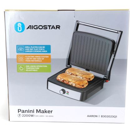 Aigostar - Kontaktgrill 2200W/230V svart/rostfritt stål