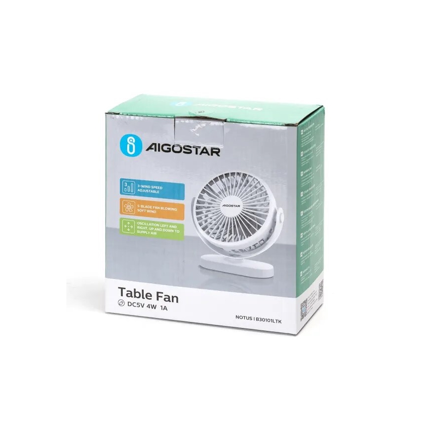 Aigostar - Uppladdningsbar bordfläkt 4W/5V 1500mAh vit