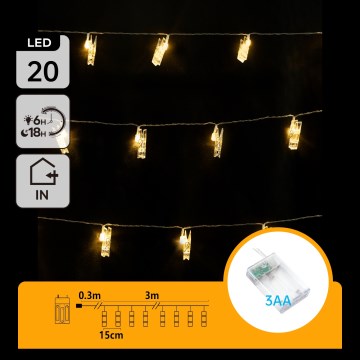 Aigostar - LED dekorationskedja med klädnypor 20xLED/3xAA 3,3m varmvit