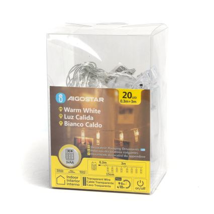 Aigostar - LED dekorationskedja med klädnypor 20xLED/3xAA 3,3m varmvit