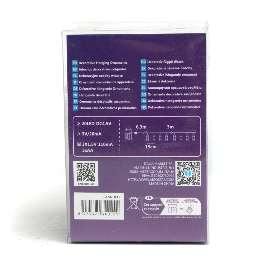 Aigostar - LED Dekorationskedja med klämmor 20xLED/3xAA 3,3m varmvit