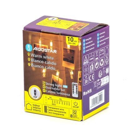 Aigostar - LED dekorationsslinga 10xLED/5W/USB 5 m varmvit