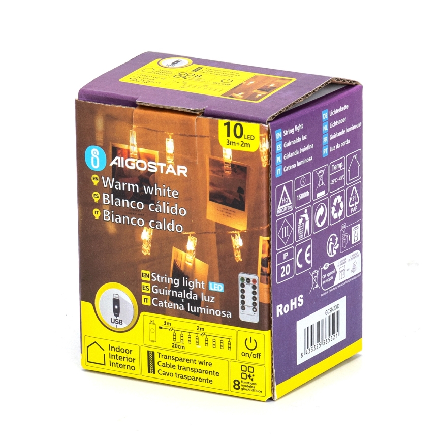 Aigostar - LED dekorationsslinga 10xLED/5W/USB 5 m varmvit