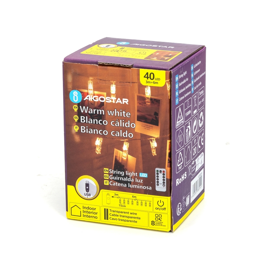 Aigostar - LED dekorativ ljusslinga 40xLED/5W/USB 9 m varmvit