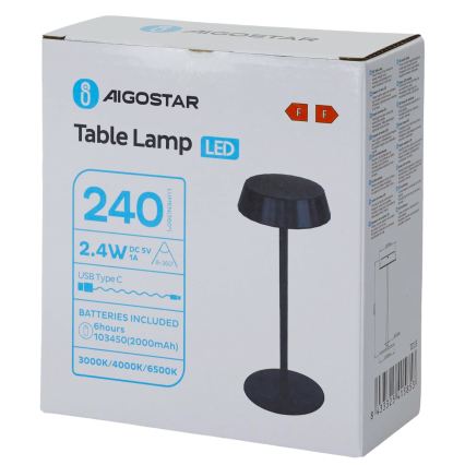 Aigostar - dimbar LED-skrivbordslampa AMBIENT LED/2,4W/5V 3000-6500K svart 2000 mAh
