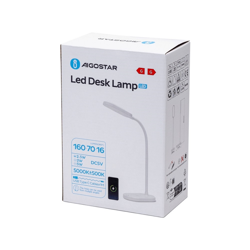 Aigostar - LED Dimbar bordslampa med trådlös laddning LED/2,5W/5V vit
