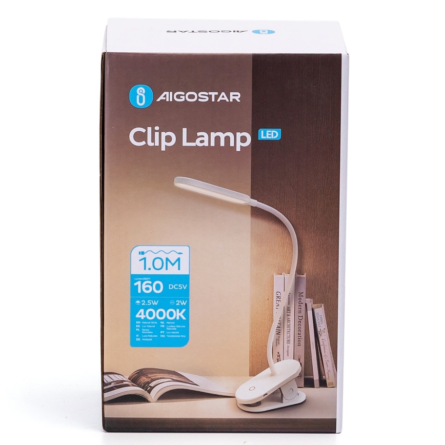 Aigostar - LED dimbar laddningsbar skrivbordslampa med klämma LED/2,5W/5V 1200mAh vit