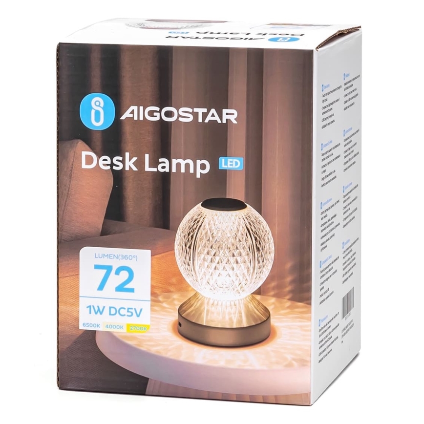 Aigostar - LED dimbar uppladdningsbar skrivbordslampa LED/1W/5V 2700/4000/6500K 1800mAh 13,5 cm