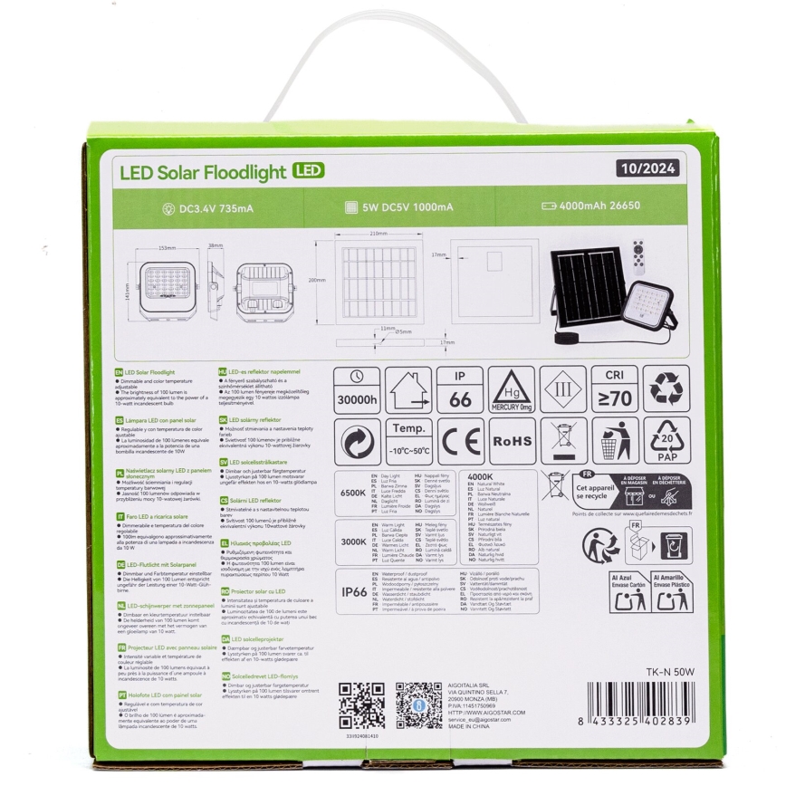 Aigostar - LED dimbar solreflektor LED/50W/3,4V 3000/4000/6500K IP66 4000 mAh + fjärrkontroll