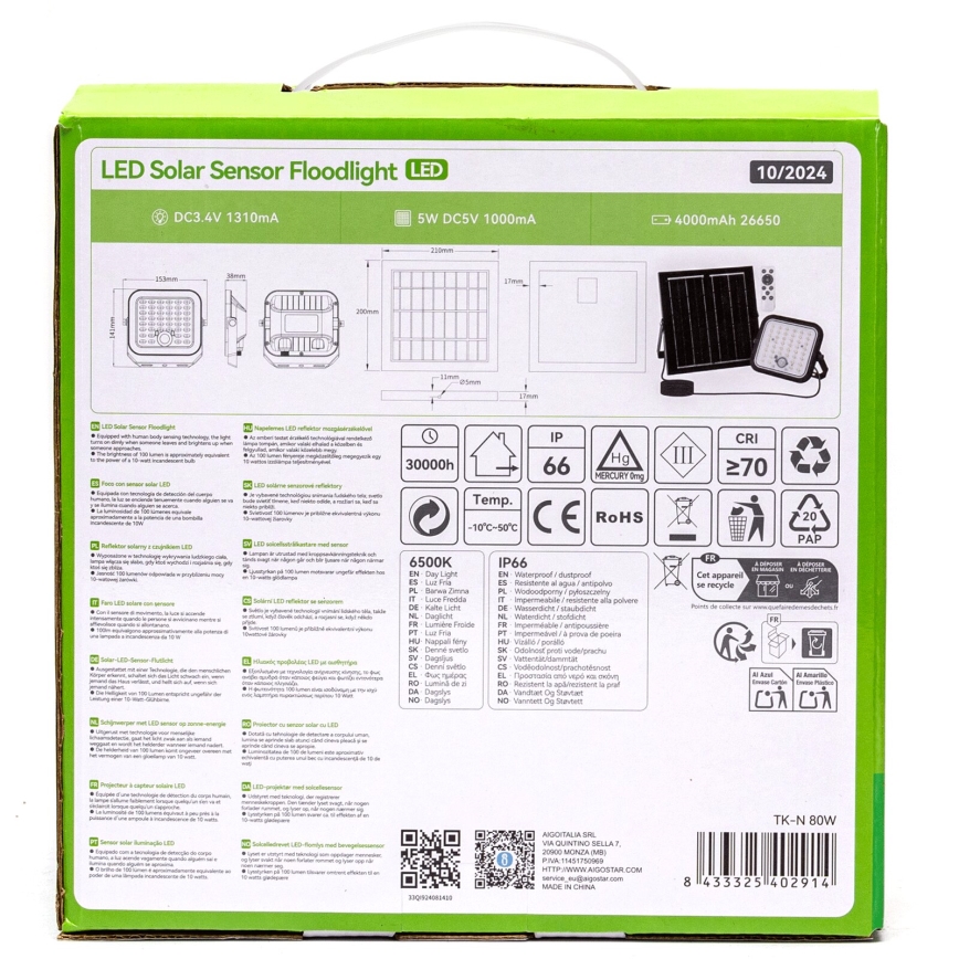 Aigostar - LED dimbar solreflektor med sensor LED/80W/3,4V 6500K IP66 4000 mAh + fjärrkontroll