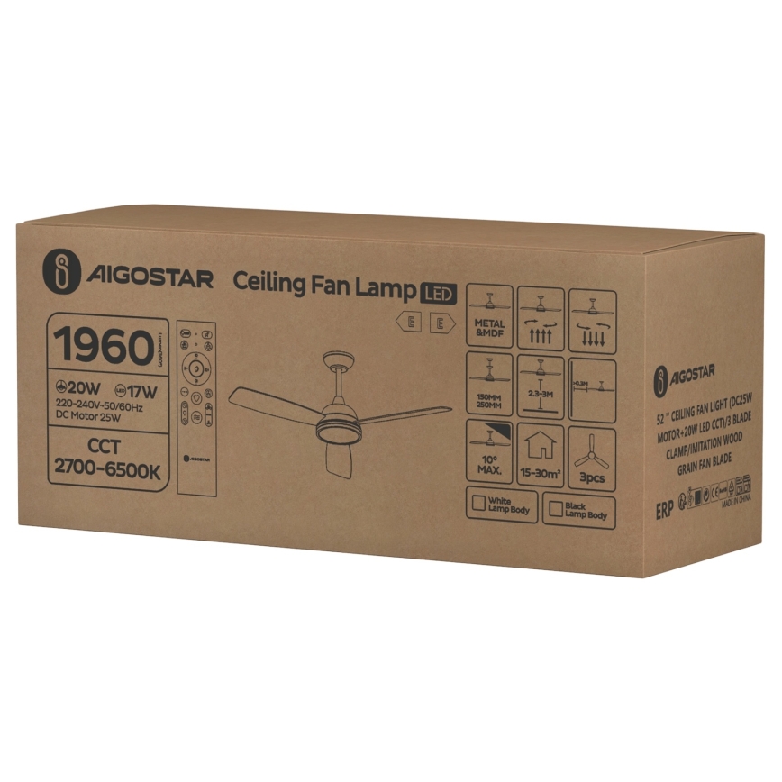 Aigostar - LED Dimbar takfläkt LED/20W/230V 2700-6500K 132cm vit/beige + fjärrkontroll