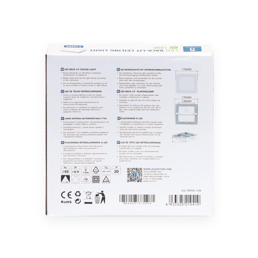 Aigostar - LED Fäst taklampa LED/12W/230V 17,3x17,3 cm 6500K vit