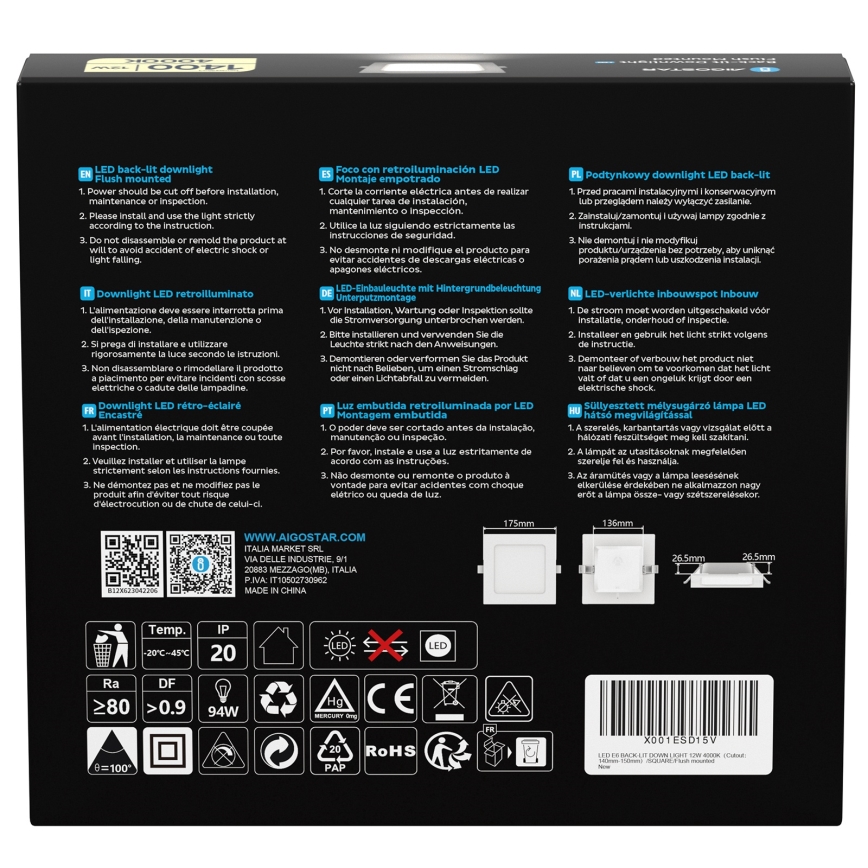 Aigostar - LED-infälld takarmatur LED/12W/230V 4000K 17,5x17,5 cm vit