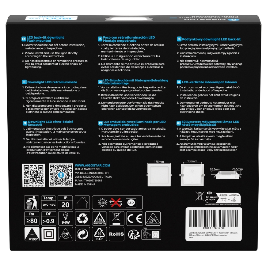 Aigostar - LED infälld takarmatur LED/12W/230V 6500K 17,5x17,5 cm vit