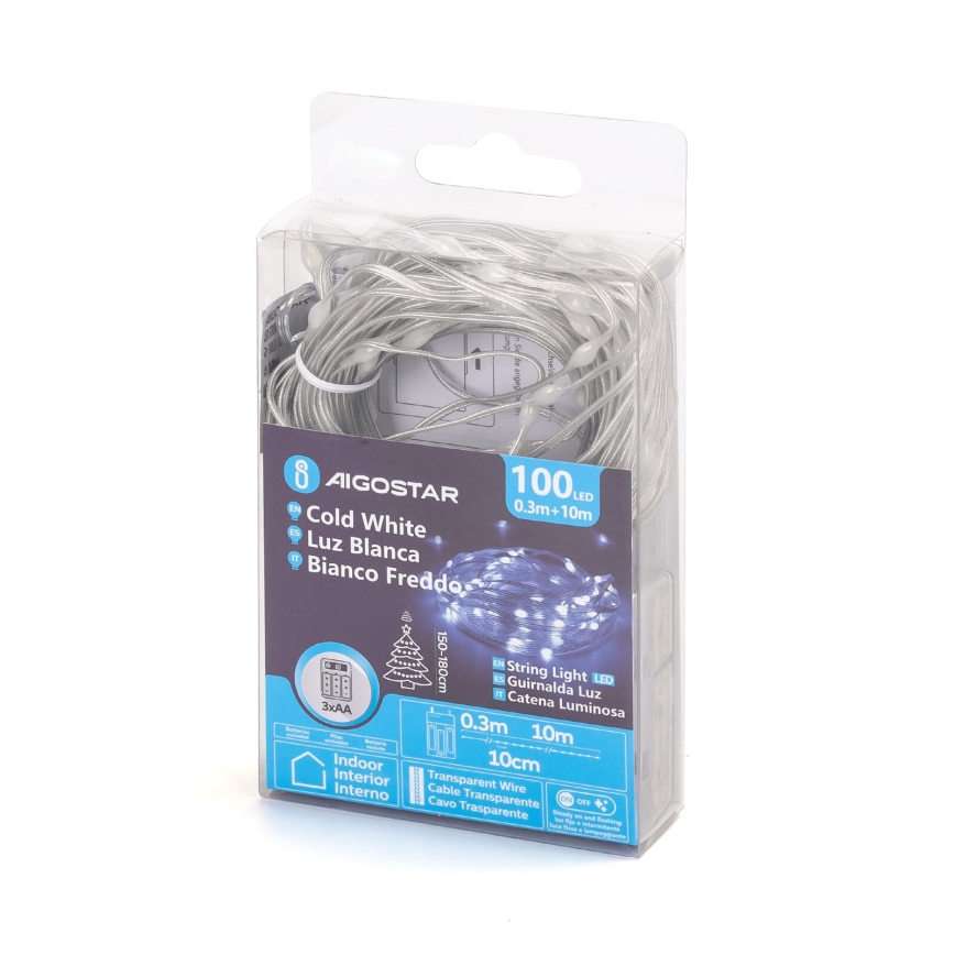 Aigostar - LED Julbelysning 100xLED/3xAA 10,3m kallvit