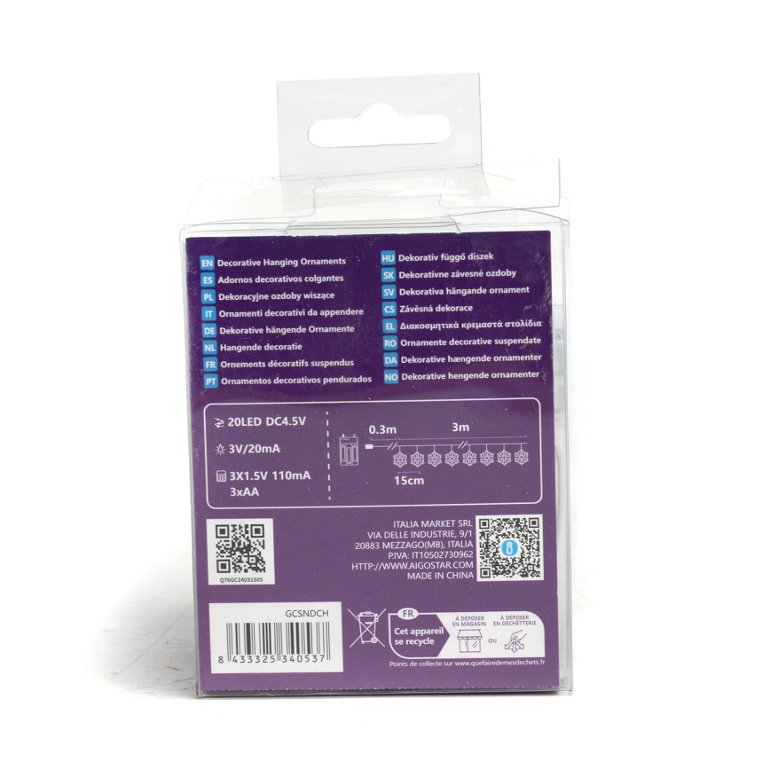 Aigostar - LED Julbelysning 20xLED/3xAA 3,3m snöflingor
